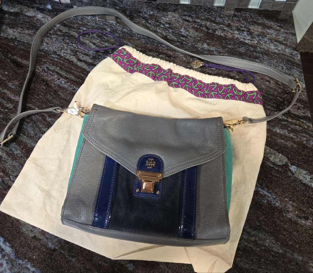 Tory Burch Gray and Blue Rachel Crossbody Bag with Metallic Accents